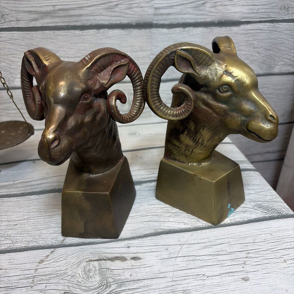Vintage Brass Ram Head Bookend Set Bust Cast Brass Metal 7"